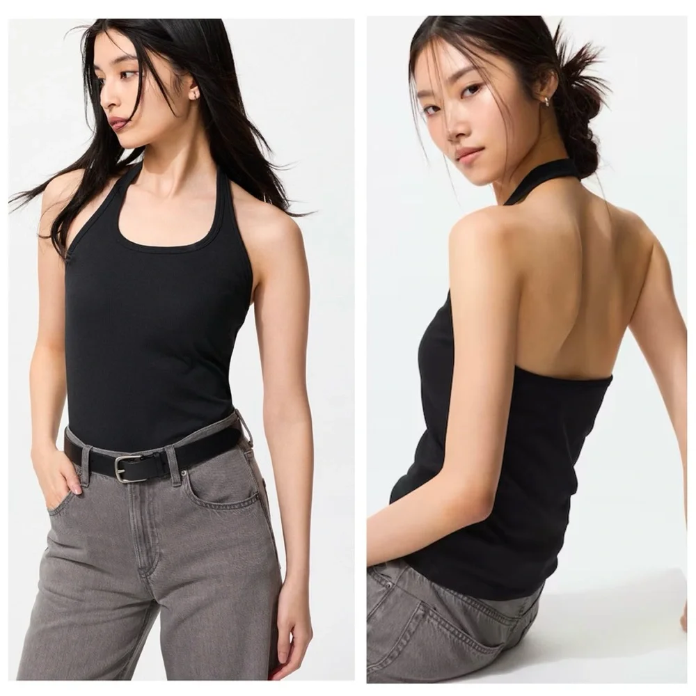Uniqlo Black Ribbed Open Back Halter Top, Large - Picture 1 of 7